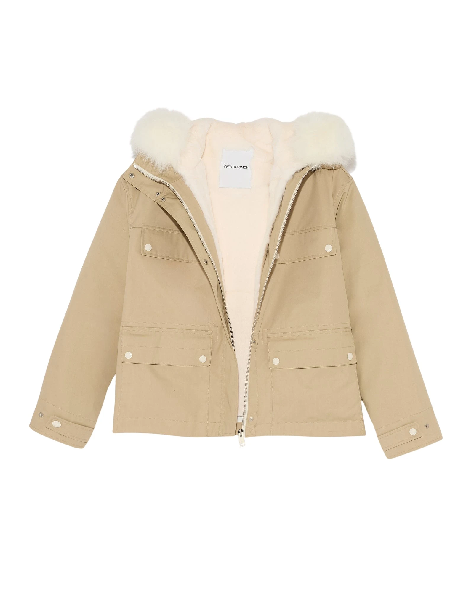 Yves-Salomon-Short-waterproof-parka-in-cotton-blend-with-fox-and-rabbit-fur-612493_nobg Woman wearing Yves Salomon shearling fur coat – luxury outerwear at Luxury Shoes
