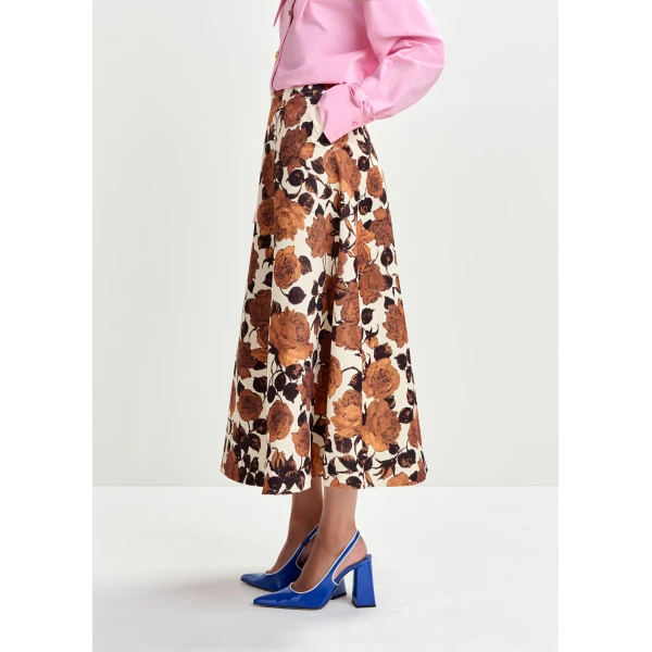 Essentiel Antwerp Beige and brown a-line floral skirt - Essentiel Antwerp Skirts - Colorful Belgian Design - Shop at Luxury Shoes 