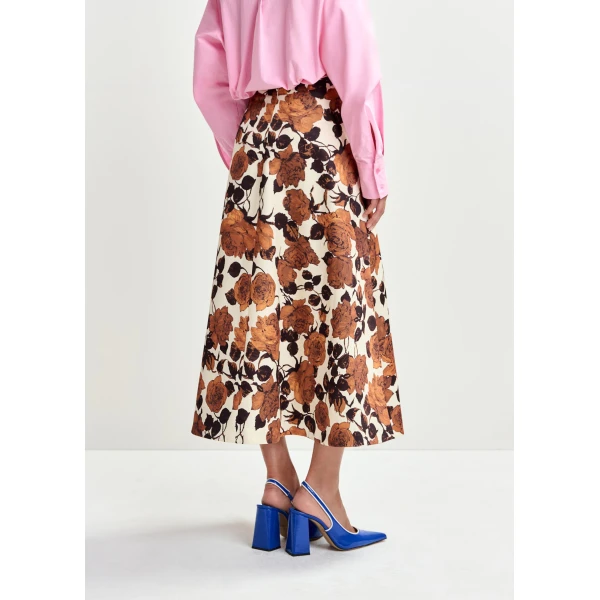 Essentiel Antwerp Beige and brown a-line floral skirt - Essentiel Antwerp Skirts - Colorful Belgian Design - Shop at Luxury Shoes 