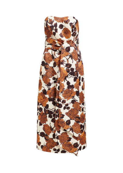 Essentiel Antwerp Beige and brown strapless midi dress with wrap-belt - Essentiel Antwerp Dresses - Colorful Belgian Design - Shop at Luxury Shoes 