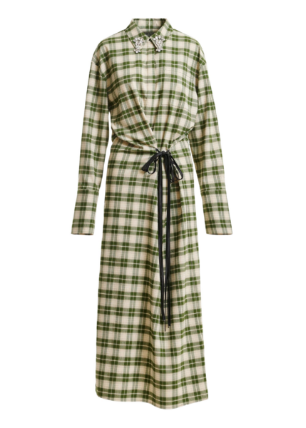 Essentiel Antwerp Beige and green checked oversized maxi dress with rhinestone-embellished collar - Essentiel Antwerp Dresses - Colorful Belgian Design - Shop at Luxury Shoes 