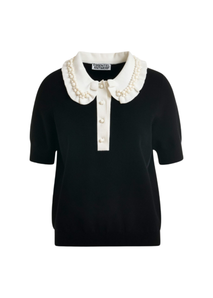 Essentiel Antwerp Black and off-white ruffle fine-knit polo top with bead embellishments - Essentiel Antwerp Tops - Colorful Belgian Design - Shop at Luxury Shoes 