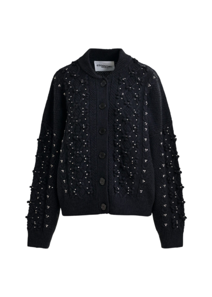 Essentiel Antwerp Black cable-knit wool-blend cardigan with rhinestone embellishments - Essentiel Antwerp Knitwear - Colorful Belgian Design - Shop at Luxury Shoes 