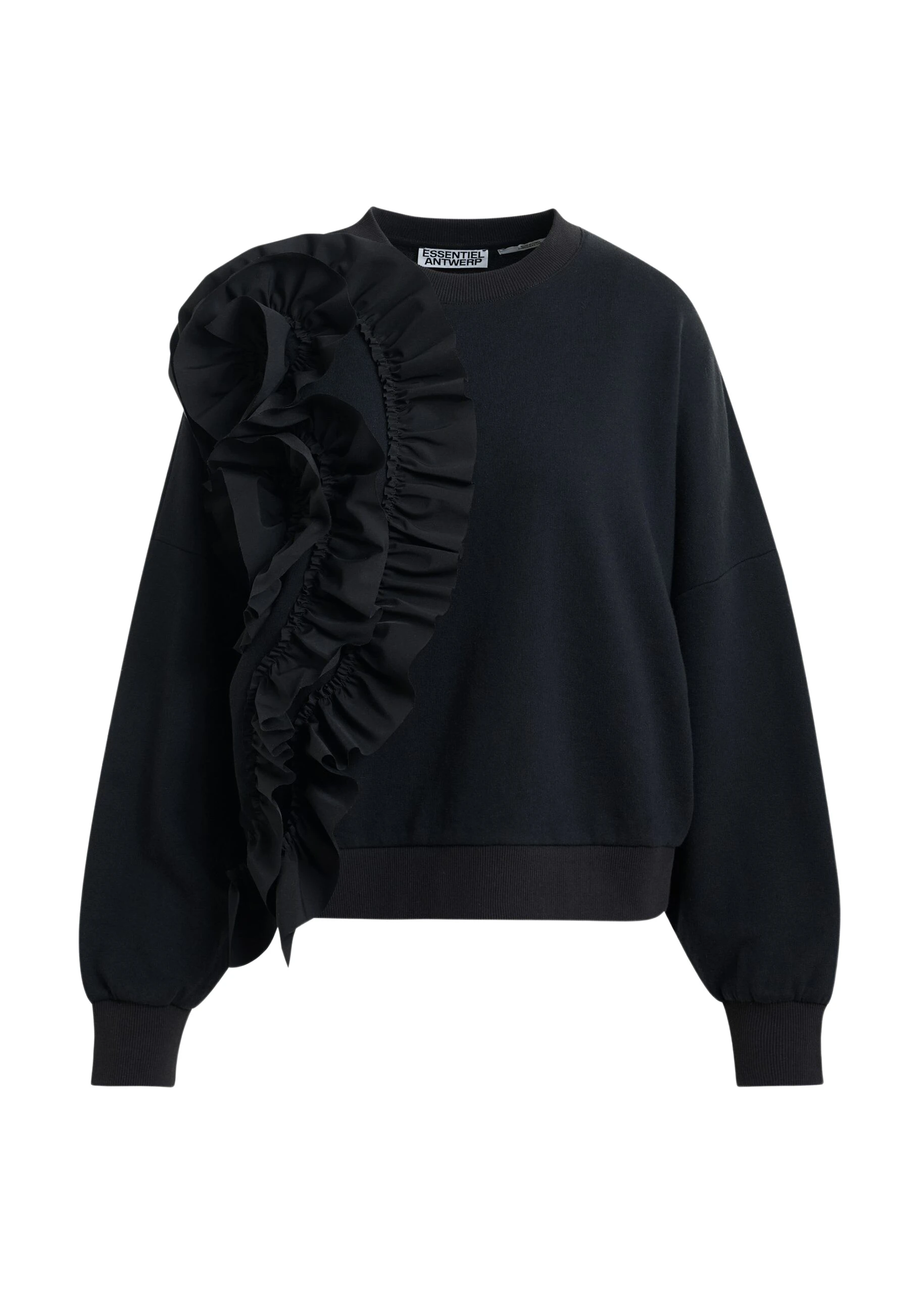 Black-cotton-blend-sweatshirt-with-ruffle-details-Essentiel-Antwerp-Shirts-scaled22630_nobg Essentiel Antwerp Black cotton-blend sweatshirt with ruffle details - Essentiel Antwerp Shirts - Colorful Belgian Design - Shop at Luxury Shoes