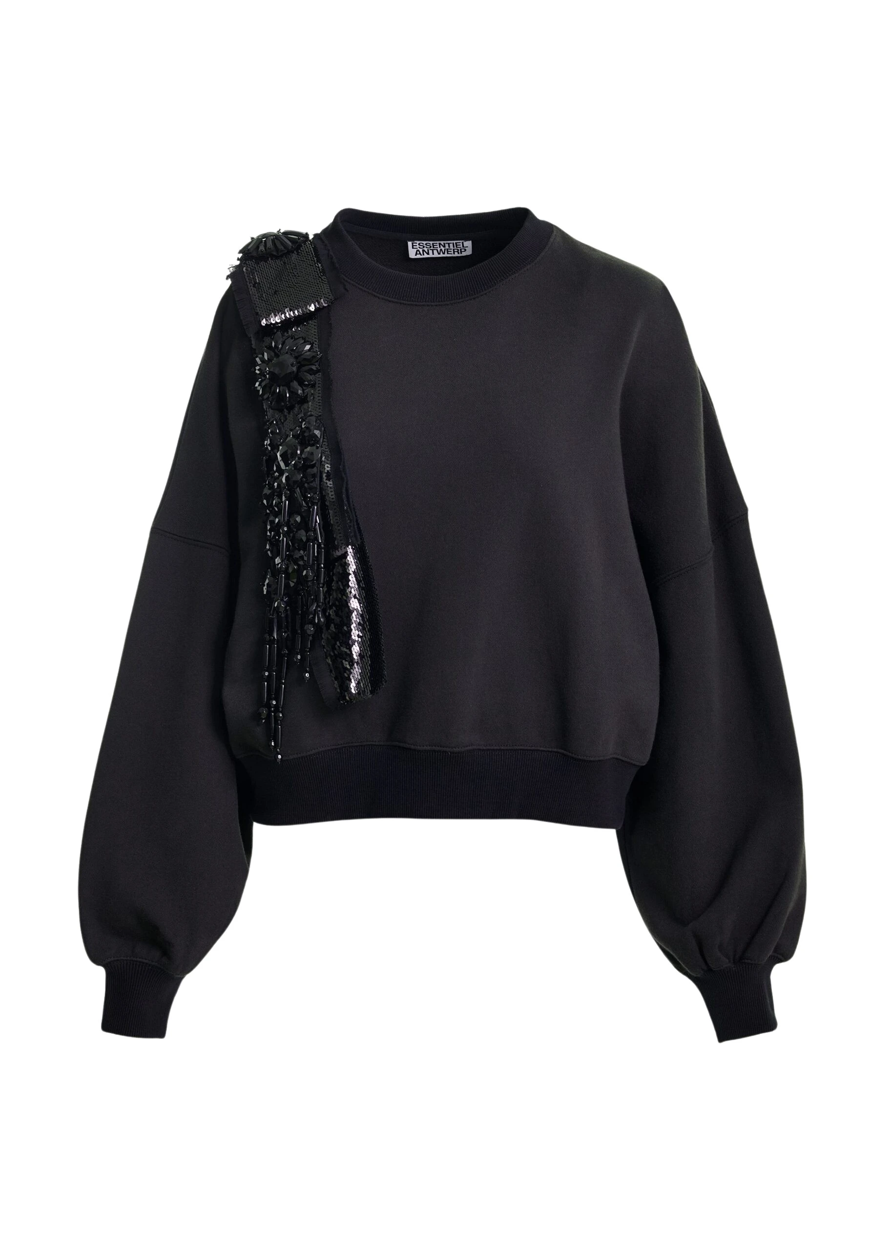 Black-cotton-sweatshirt-with-embellished-panel-Essentiel-Antwerp-Shirts-scaled59911_nobg Essentiel Antwerp Black cotton sweatshirt with embellished panel - Essentiel Antwerp Shirts - Colorful Belgian Design - Shop at Luxury Shoes