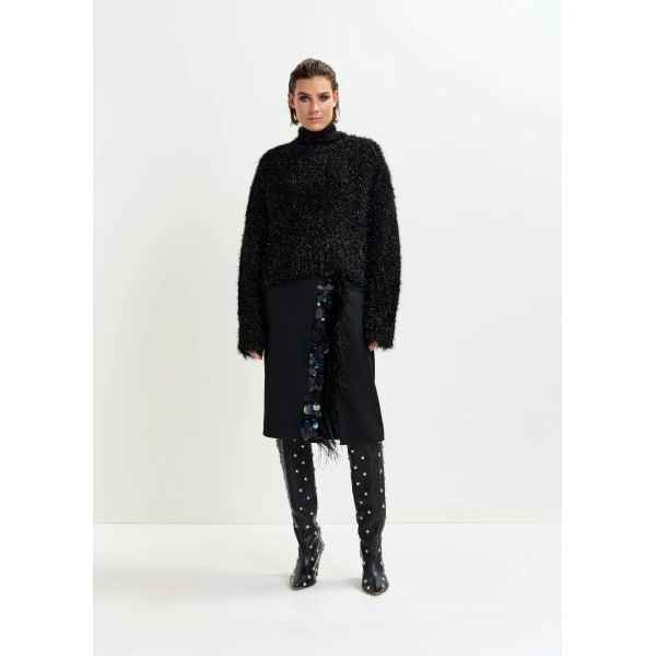 Essentiel Antwerp Black embellished feather-trimmed midi skirt - Essentiel Antwerp Skirts - Colorful Belgian Design - Shop at Luxury Shoes 