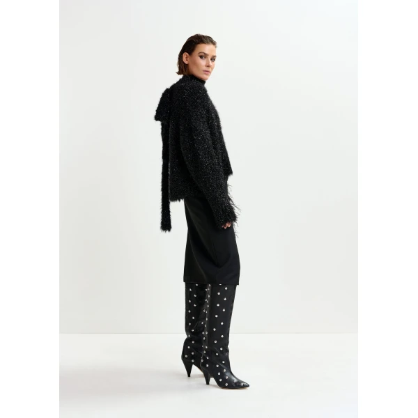 Essentiel Antwerp Black embellished feather-trimmed midi skirt - Essentiel Antwerp Skirts - Colorful Belgian Design - Shop at Luxury Shoes 