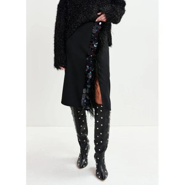Essentiel Antwerp Black embellished feather-trimmed midi skirt - Essentiel Antwerp Skirts - Colorful Belgian Design - Shop at Luxury Shoes 