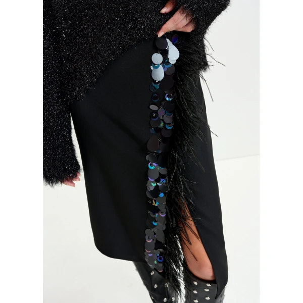 Essentiel Antwerp Black embellished feather-trimmed midi skirt - Essentiel Antwerp Skirts - Colorful Belgian Design - Shop at Luxury Shoes 
