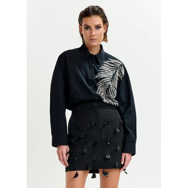 Essentiel Antwerp Black feather-embellished A-line mini skirt - Essentiel Antwerp Skirts - Colorful Belgian Design - Shop at Luxury Shoes 