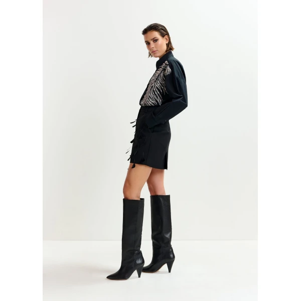 Essentiel Antwerp Black feather-embellished A-line mini skirt - Essentiel Antwerp Skirts - Colorful Belgian Design - Shop at Luxury Shoes 