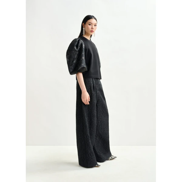 Essentiel Antwerp Black jacquard wide-leg pants - Essentiel Antwerp Pants - Colorful Belgian Design - Shop at Luxury Shoes 