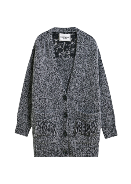 Essentiel Antwerp Black lace-back wool-blend cardigan with fringe details - Essentiel Antwerp Knitwear - Colorful Belgian Design - Shop at Luxury Shoes 
