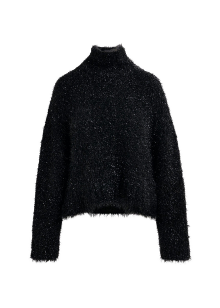 Essentiel Antwerp Black metallic mock-neck sweater with pussy-bow tie - Essentiel Antwerp Knitwear - Colorful Belgian Design - Shop at Luxury Shoes 