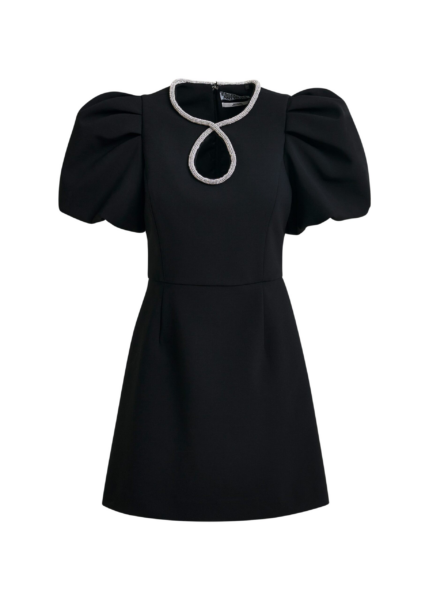 Essentiel Antwerp Black mini dress with puff sleeves and rhinestone-embellished keyhole neckline - Essentiel Antwerp Dresses - Colorful Belgian Design - Shop at Luxury Shoes 