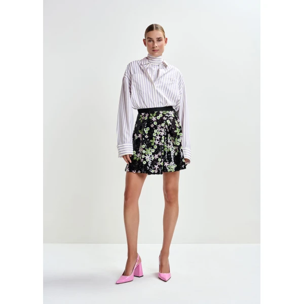 Essentiel Antwerp Black tulip-shape mini skirt with green and pink sequin embellishments - Essentiel Antwerp Skirts - Colorful Belgian Design - Shop at Luxury Shoes 