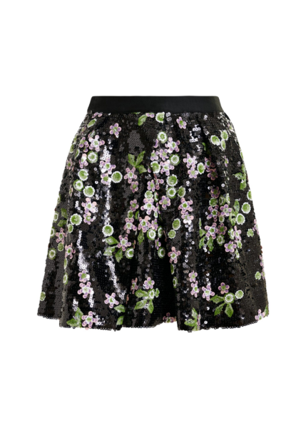 Essentiel Antwerp Black tulip-shape mini skirt with green and pink sequin embellishments - Essentiel Antwerp Skirts - Colorful Belgian Design - Shop at Luxury Shoes 