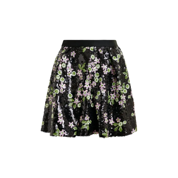Essentiel Antwerp Black tulip-shape mini skirt with green and pink sequin embellishments - Essentiel Antwerp Skirts - Colorful Belgian Design - Shop at Luxury Shoes 