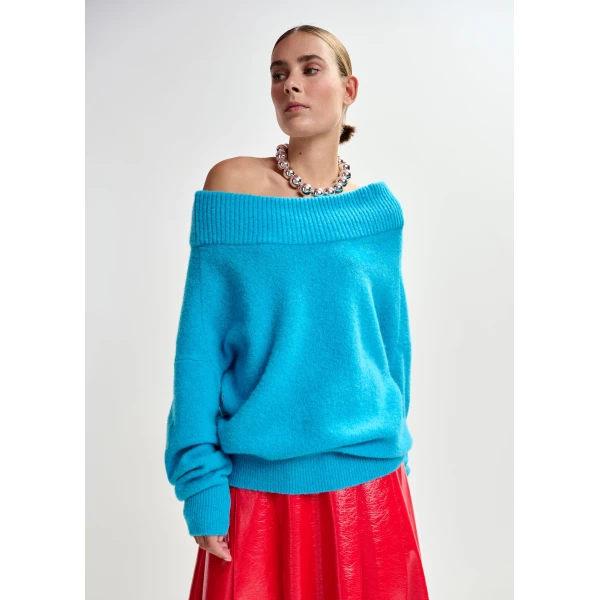 Essentiel Antwerp Blue alpaca wool-blend off-shoulder knit sweater - Essentiel Antwerp Knitwear - Colorful Belgian Design - Shop at Luxury Shoes 