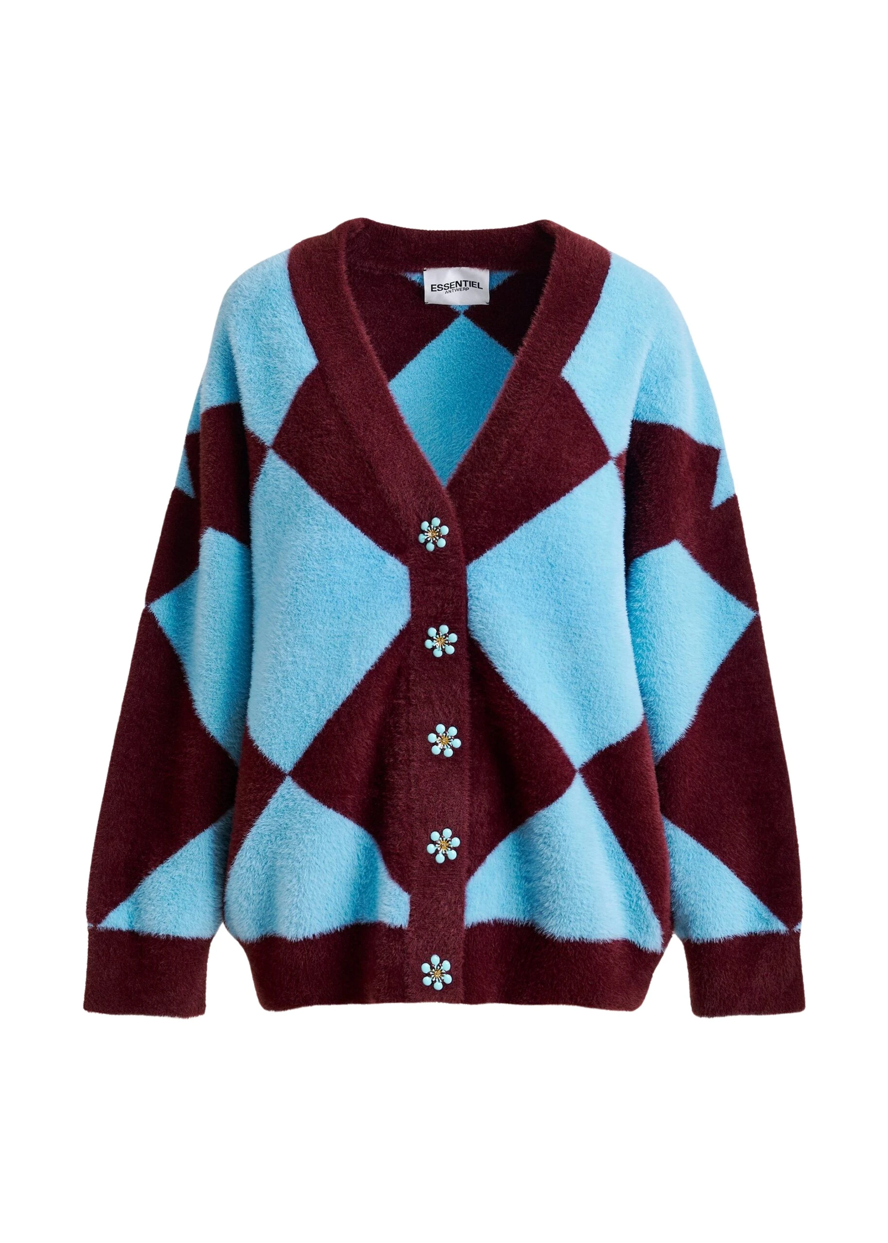 Blue-and-burgundy-harlequin-patterned-knit-cardigan-with-flower-shaped-buttons-Essentiel-Antwerp-Knitwear-scaled85957_nobg Essentiel Antwerp Blue and burgundy harlequin-patterned knit cardigan with flower-shaped buttons - Essentiel Antwerp Knitwear - Colorful Belgian Design - Shop at Luxury Shoes