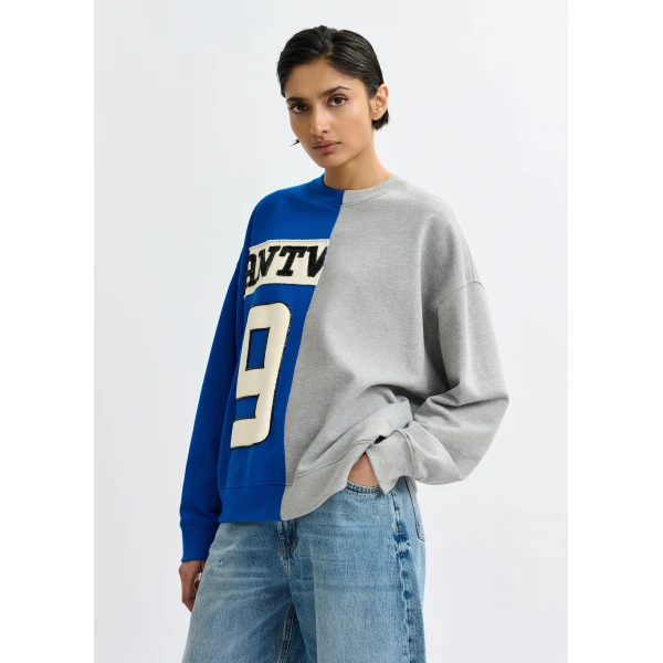 Essentiel Antwerp Blue and grey split-panel appliquéd cotton sweatshirt - Essentiel Antwerp Shirts - Colorful Belgian Design - Shop at Luxury Shoes 