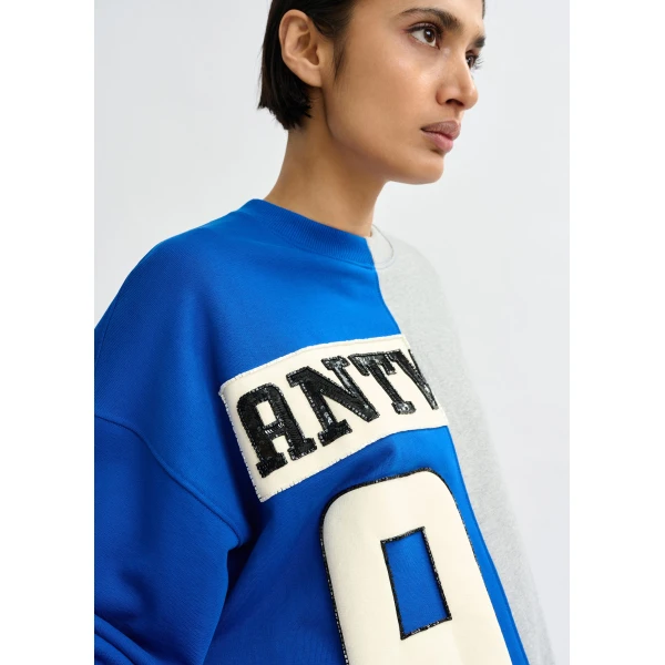 Essentiel Antwerp Blue and grey split-panel appliquéd cotton sweatshirt - Essentiel Antwerp Shirts - Colorful Belgian Design - Shop at Luxury Shoes 