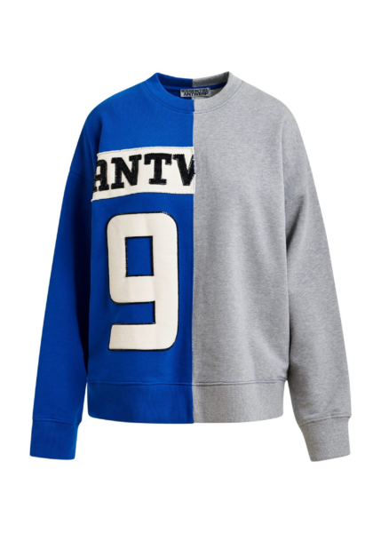 Essentiel Antwerp Blue and grey split-panel appliquéd cotton sweatshirt - Essentiel Antwerp Shirts - Colorful Belgian Design - Shop at Luxury Shoes 