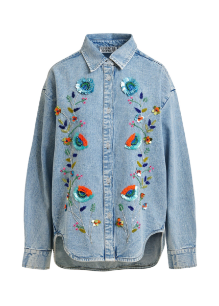Essentiel Antwerp Blue and multicolor denim shirt with sequin flower embellishments - Essentiel Antwerp Shirts - Colorful Belgian Design - Shop at Luxury Shoes 