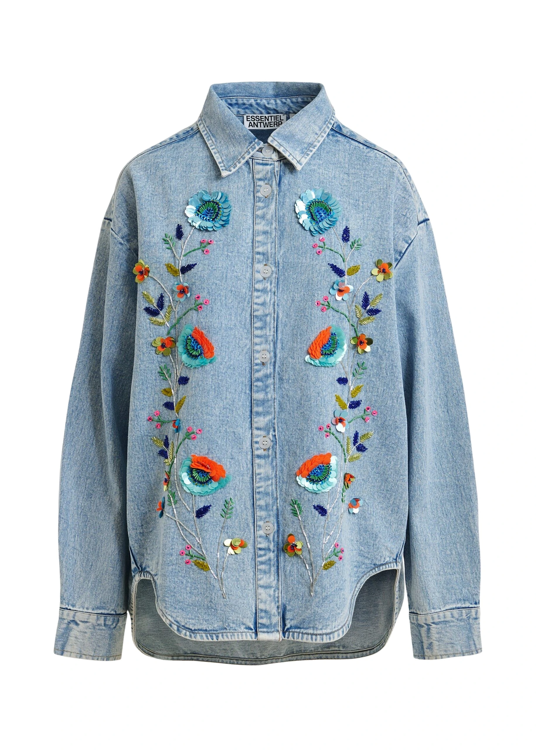 Blue-and-multicolor-denim-shirt-with-sequin-flower-embellishments-Essentiel-Antwerp-Shirts-scaled74991_nobg Essentiel Antwerp Blue and multicolor denim shirt with sequin flower embellishments - Essentiel Antwerp Shirts - Colorful Belgian Design - Shop at Luxury Shoes