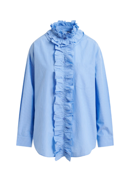 Essentiel Antwerp Blue and white oversized striped cotton shirt with ruffle details - Essentiel Antwerp Shirts - Colorful Belgian Design - Shop at Luxury Shoes 