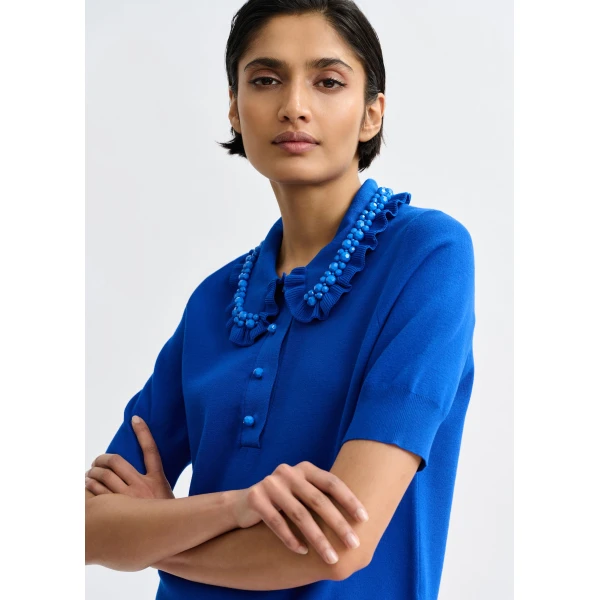 Essentiel Antwerp Blue ruffle fine-knit polo top with bead embellishments - Essentiel Antwerp Tops - Colorful Belgian Design - Shop at Luxury Shoes 