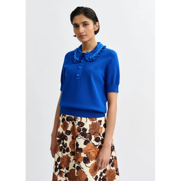 Essentiel Antwerp Blue ruffle fine-knit polo top with bead embellishments - Essentiel Antwerp Tops - Colorful Belgian Design - Shop at Luxury Shoes 