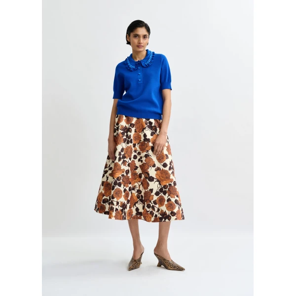 Essentiel Antwerp Blue ruffle fine-knit polo top with bead embellishments - Essentiel Antwerp Tops - Colorful Belgian Design - Shop at Luxury Shoes 