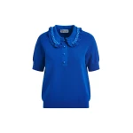 Essentiel Antwerp Blue ruffle fine-knit polo top with bead embellishments - Essentiel Antwerp Tops - Colorful Belgian Design - Shop at Luxury Shoes 