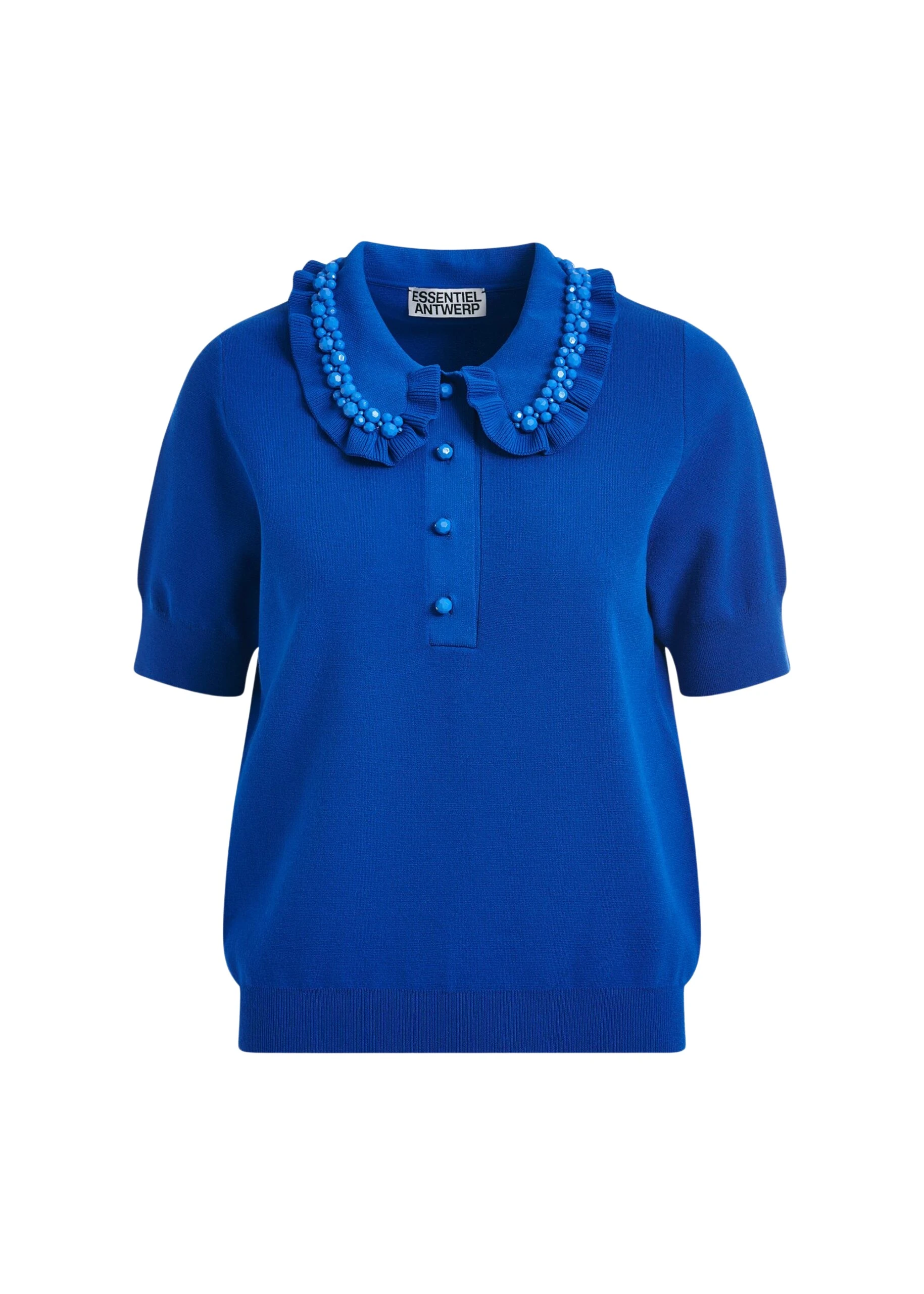 Blue-ruffle-fine-knit-polo-top-with-bead-embellishments-Essentiel-Antwerp-Tops-scaled16698_nobg Essentiel Antwerp Blue ruffle fine-knit polo top with bead embellishments - Essentiel Antwerp Tops - Colorful Belgian Design - Shop at Luxury Shoes