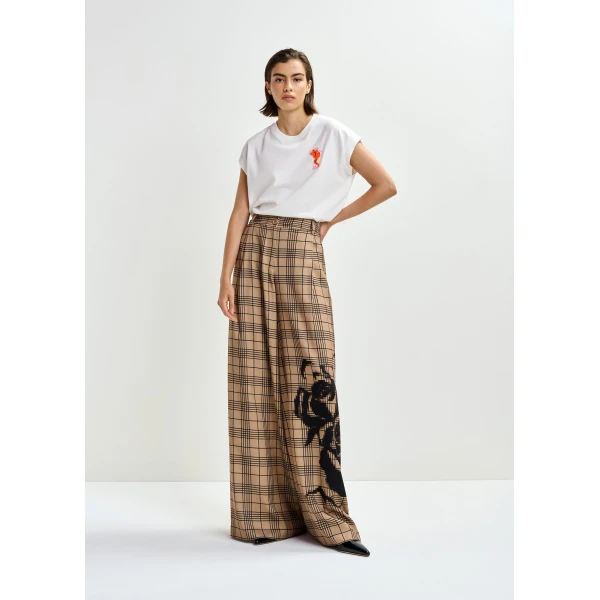 Essentiel Antwerp Brown and black checked wide-leg pants with placed print - Essentiel Antwerp Pants - Colorful Belgian Design - Shop at Luxury Shoes 