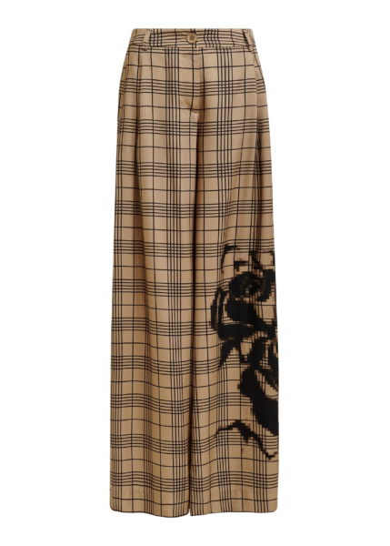 Essentiel Antwerp Brown and black checked wide-leg pants with placed print - Essentiel Antwerp Pants - Colorful Belgian Design - Shop at Luxury Shoes 