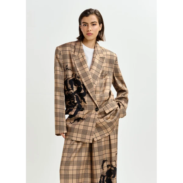 Essentiel Antwerp Brown and black double-breasted blazer with placed pixel print - Essentiel Antwerp Jackets - Colorful Belgian Design - Shop at Luxury Shoes 