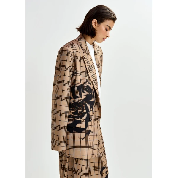 Essentiel Antwerp Brown and black double-breasted blazer with placed pixel print - Essentiel Antwerp Jackets - Colorful Belgian Design - Shop at Luxury Shoes 