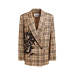 Essentiel Antwerp Brown and black double-breasted blazer with placed pixel print - Essentiel Antwerp Jackets - Colorful Belgian Design - Shop at Luxury Shoes 