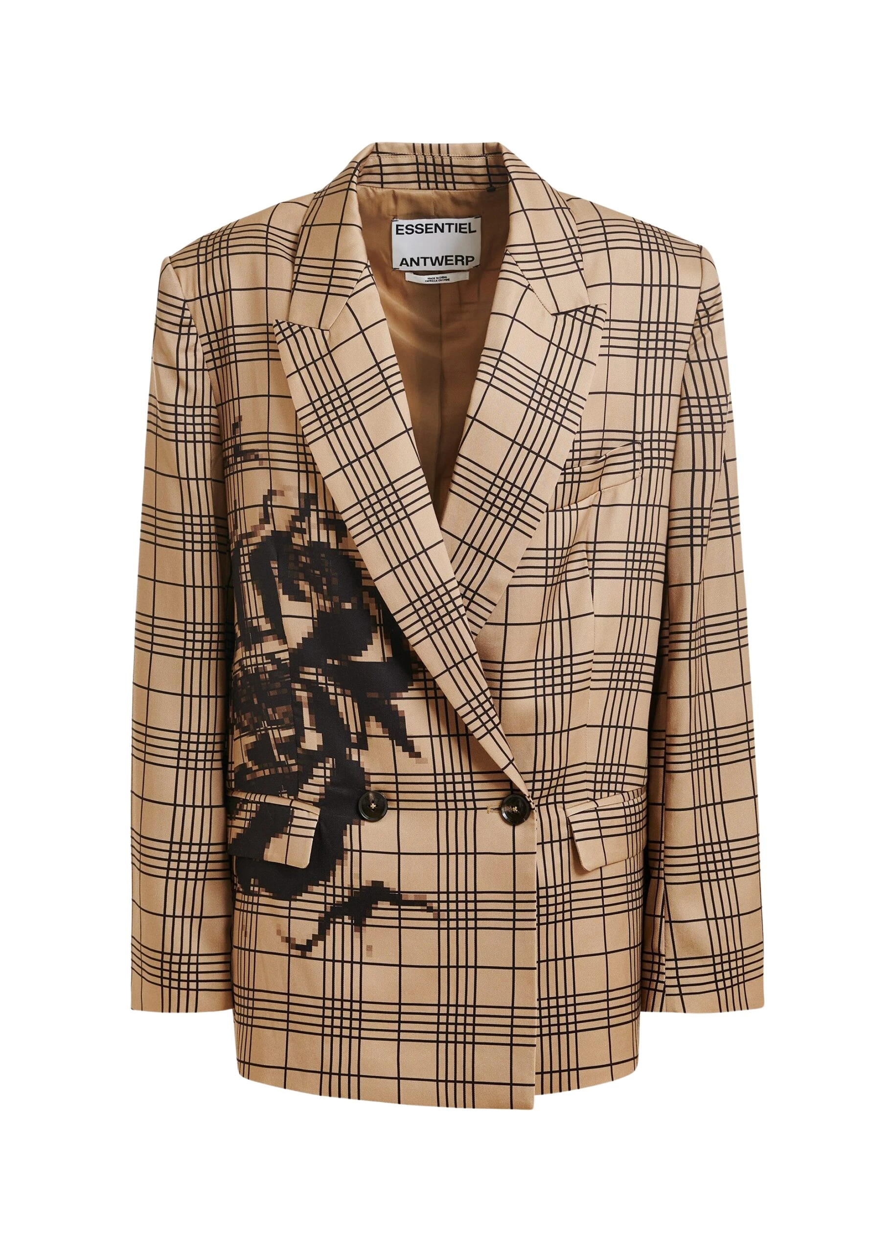 Brown-and-black-double-breasted-blazer-with-placed-pixel-print-Essentiel-Antwerp-Jackets-scaled27070_nobg Essentiel Antwerp Brown and black double-breasted blazer with placed pixel print - Essentiel Antwerp Jackets - Colorful Belgian Design - Shop at Luxury Shoes