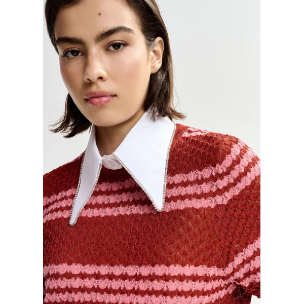 Essentiel Antwerp Brown and pink striped honeycomb knit polo with rhinestone-embellished detachable collar - Essentiel Antwerp Tops - Colorful Belgian Design - Shop at Luxury Shoes 