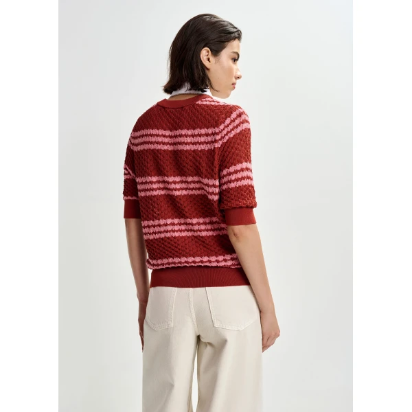 Essentiel Antwerp Brown and pink striped honeycomb knit polo with rhinestone-embellished detachable collar - Essentiel Antwerp Tops - Colorful Belgian Design - Shop at Luxury Shoes 