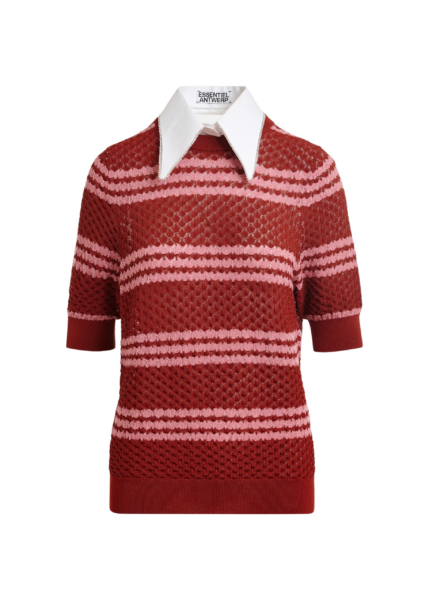 Essentiel Antwerp Brown and pink striped honeycomb knit polo with rhinestone-embellished detachable collar - Essentiel Antwerp Tops - Colorful Belgian Design - Shop at Luxury Shoes 