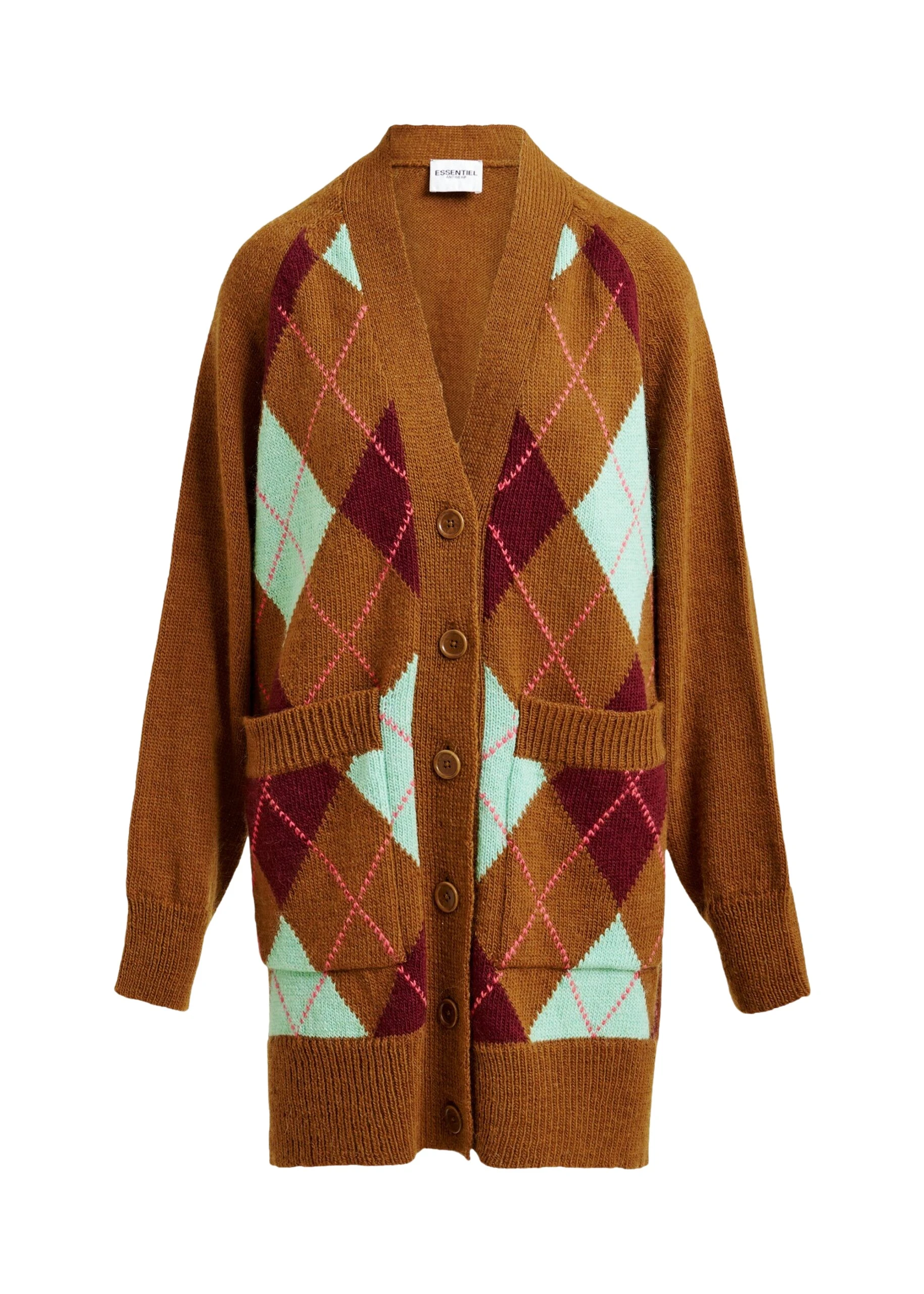 Brown-burgundy-and-mint-argyle-wool-blend-cardigan-Essentiel-Antwerp-Knitwear-scaled78166_nobg Essentiel Antwerp Brown