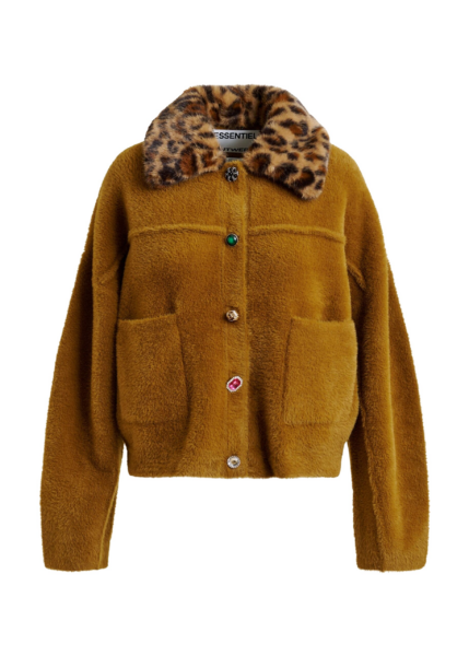 Essentiel Antwerp Brown cardigan with removable leopard faux fur collar - Essentiel Antwerp Knitwear - Colorful Belgian Design - Shop at Luxury Shoes 