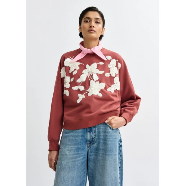 Essentiel Antwerp Brown cotton sweatshirt with off-white floral sequin and bead-embellished embroidery - Essentiel Antwerp Shirts - Colorful Belgian Design - Shop at Luxury Shoes 