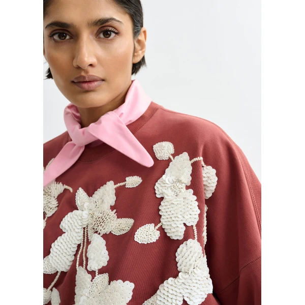Essentiel Antwerp Brown cotton sweatshirt with off-white floral sequin and bead-embellished embroidery - Essentiel Antwerp Shirts - Colorful Belgian Design - Shop at Luxury Shoes 