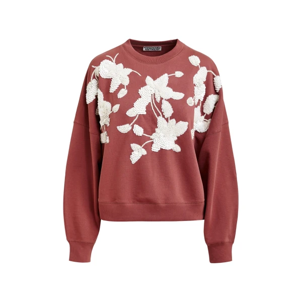 Essentiel Antwerp Brown cotton sweatshirt with off-white floral sequin and bead-embellished embroidery - Essentiel Antwerp Shirts - Colorful Belgian Design - Shop at Luxury Shoes 