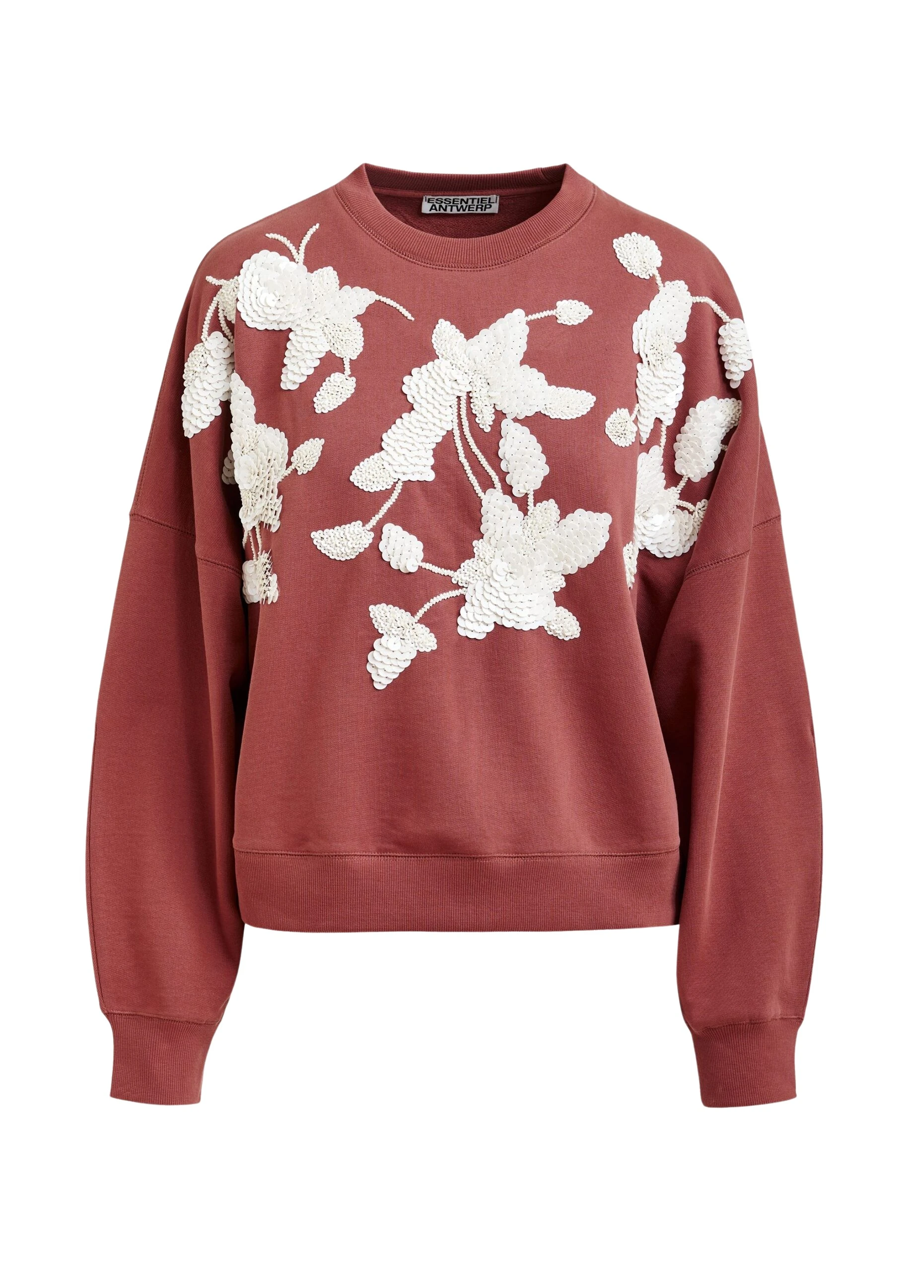 Brown-cotton-sweatshirt-with-off-white-floral-sequin-and-bead-embellished-embroidery-Essentiel-Antwerp-Shirts-scaled23734_nobg Essentiel Antwerp Brown cotton sweatshirt with off-white floral sequin and bead-embellished embroidery - Essentiel Antwerp Shirts - Colorful Belgian Design - Shop at Luxury Shoes